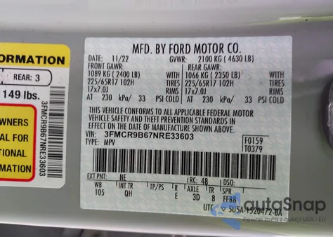 2022 Ford Bronco Sport Big Bend из США, поврежденный, VIN 3FMCR9B67NRE33603